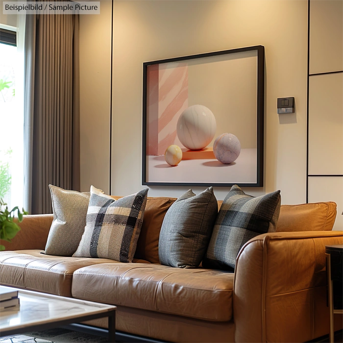 Cozy living room with a leather sofa, patterned cushions, and a modern art painting on the wall.