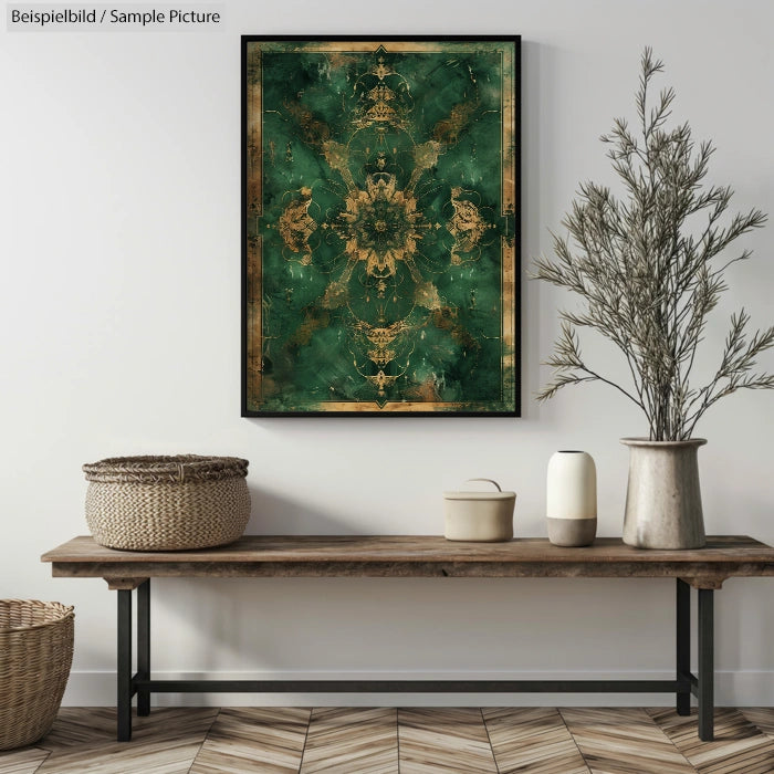 Room with ornate green and gold abstract art, dried plant, and decorative jars on a wooden bench.