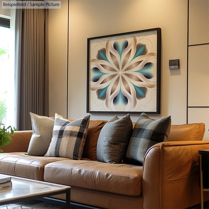 Modern living room with a brown leather sofa and abstract artwork on the wall, accented with various patterned cushions.