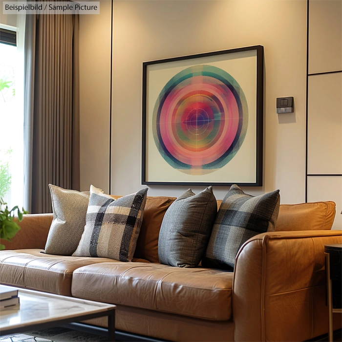 Modern living room with a tan leather sofa, plaid throw pillows, and abstract circular painting on the wall.