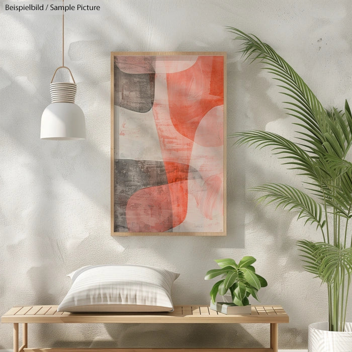 Modern living room with abstract red and gray artwork, potted plant, white lamp, and a cozy pillow on a bench.