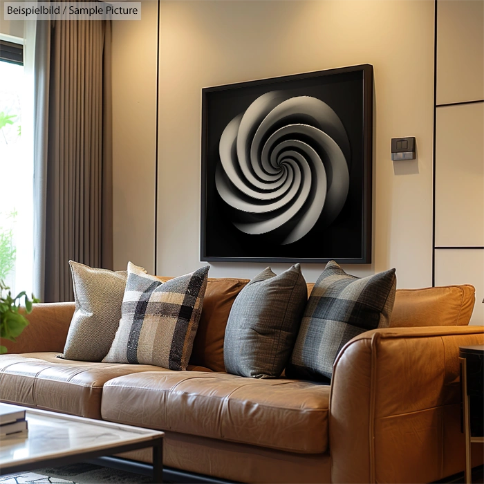 Modern living room with a leather couch and abstract spiral artwork on the wall.