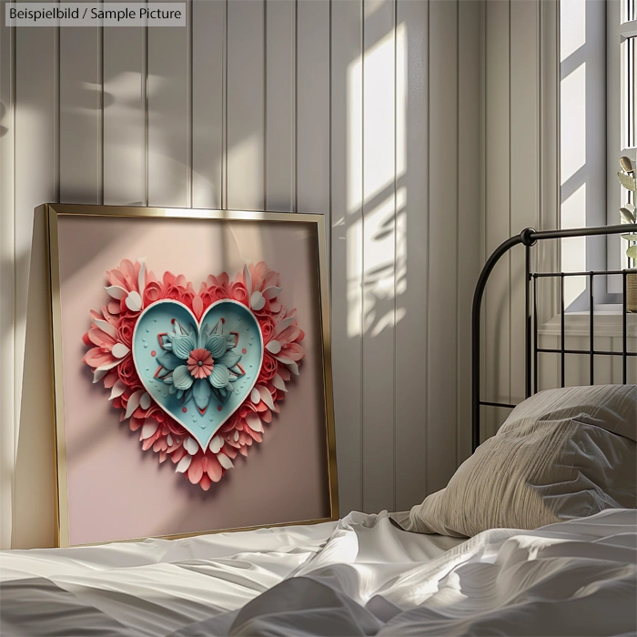 Framed heart artwork with floral details in a sunlit bedroom corner, set against white paneled walls.