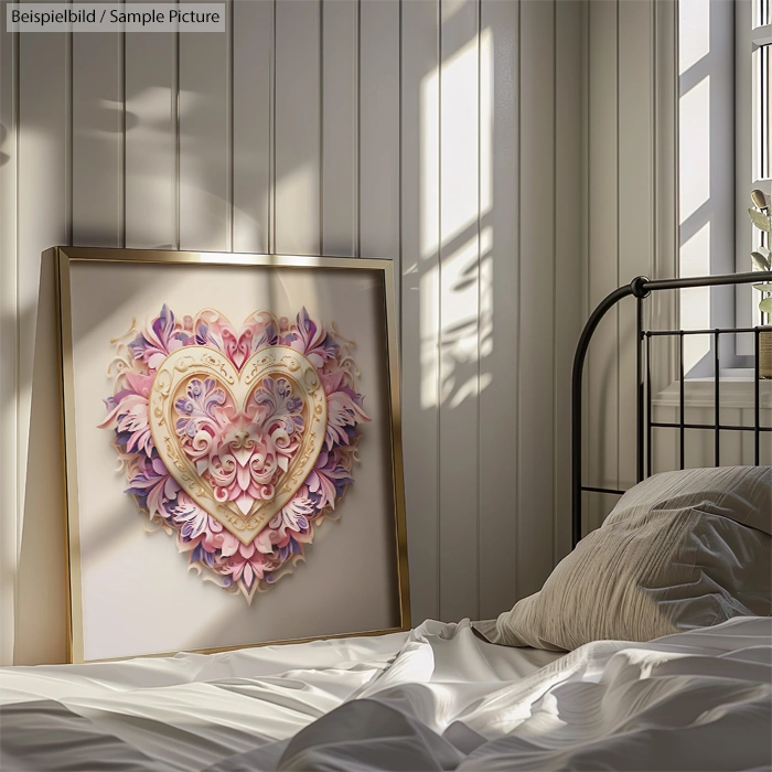 3D heart artwork with intricate design on a bed, bathed in soft sunlight, inside a cozy room with wood-paneled walls.