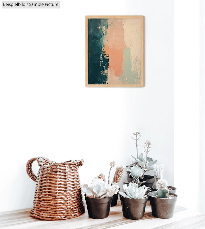 Minimalist room with abstract painting and potted succulents on white background.