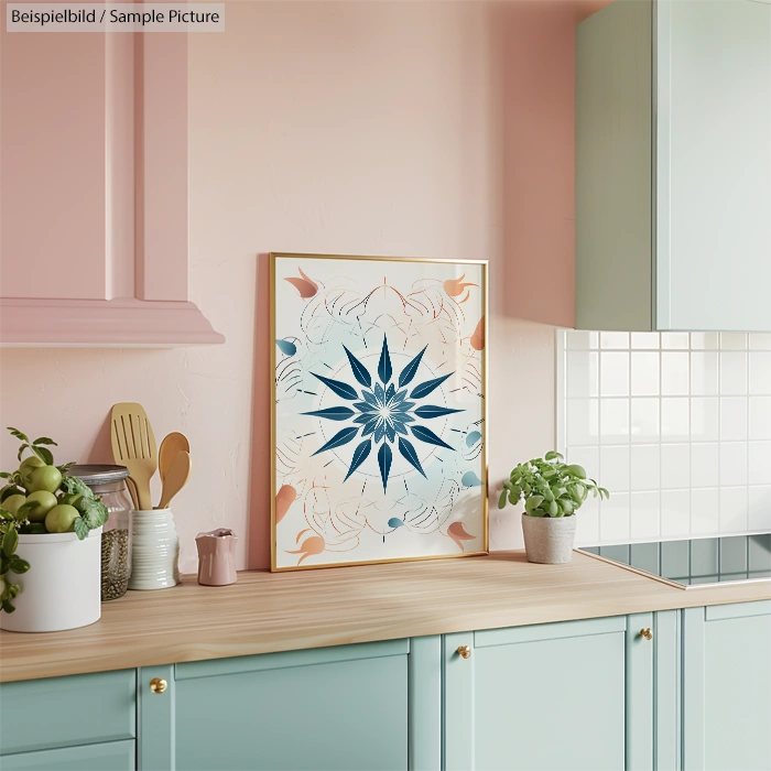 Modern kitchen with pastel colors, decorative artwork, and potted plants on the counter.