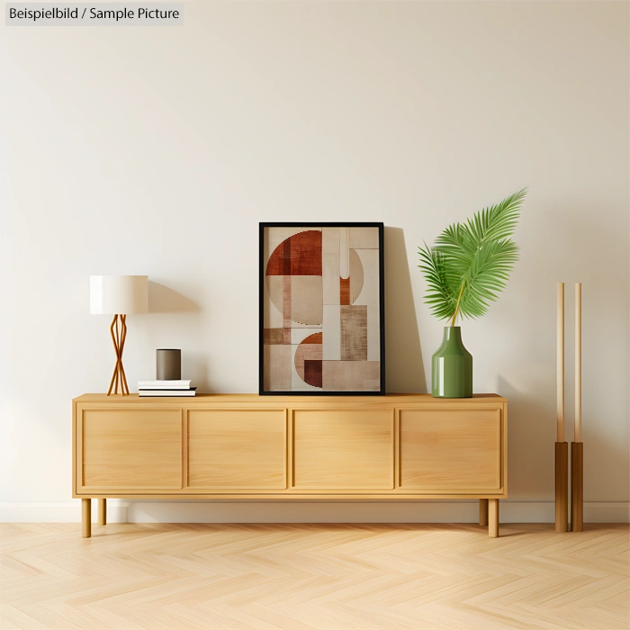 Minimalist living room with geometric art, wooden console, lamp, and green vase with leaves.