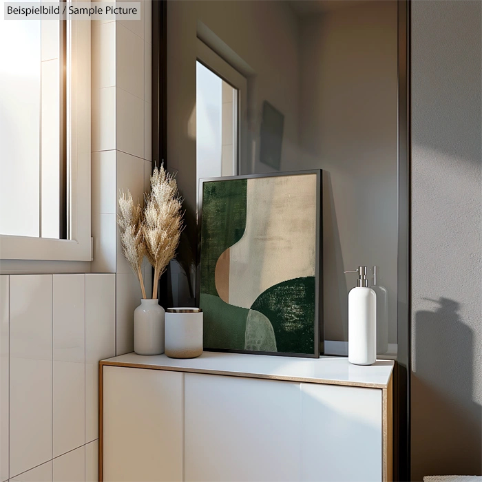 Modern bathroom shelf with decorative vases and abstract art poster in green tones.