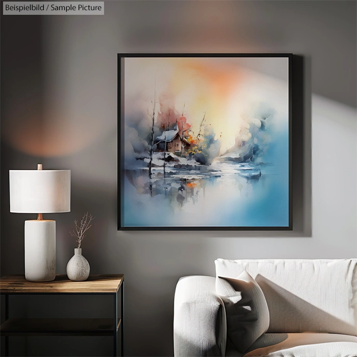 Framed abstract watercolor of a serene landscape at sunset, with soft colors, on a grey wall above a modern sofa.