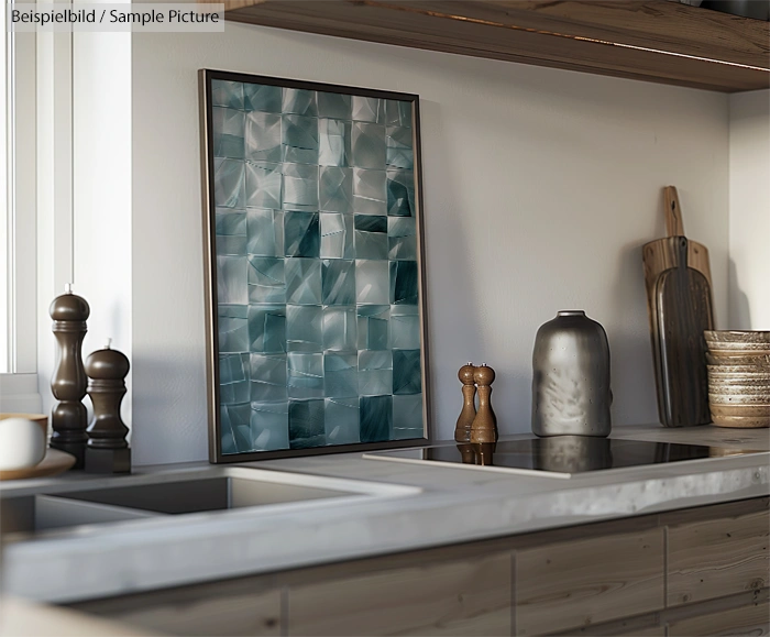 Modern kitchen with mosaic tile artwork, ceramic vases, pots, and utensils on light wood countertops.