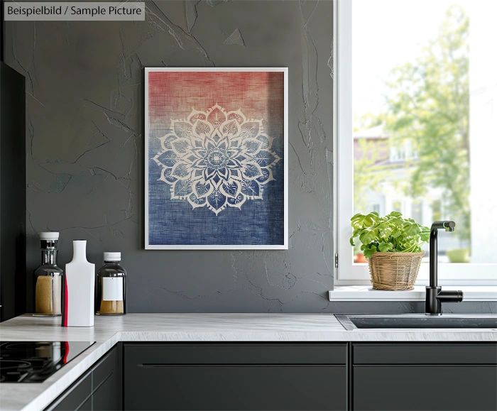 Contemporary kitchen with a mandala artwork on the wall, near a sink and window with a potted plant.