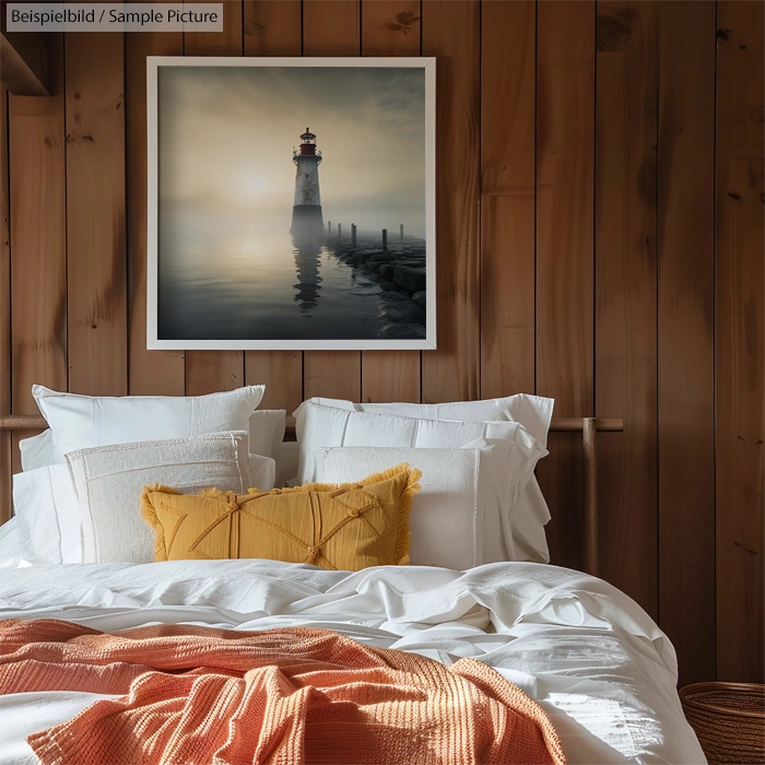 Cozy bedroom with wooden walls, white bedding, and lighthouse photo above the headboard.