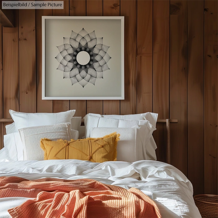 Cozy bedroom with white bedding, orange accent pillows, and a geometric wall art on wooden panel wall.