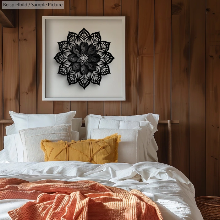 Cozy bedroom with white and yellow pillows, wood panel walls, and framed black floral artwork above bed.