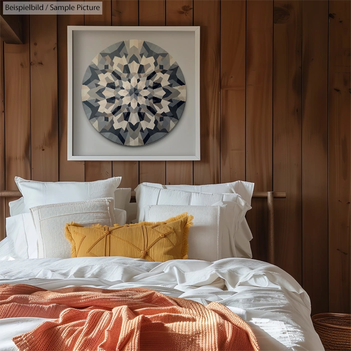 Cozy bedroom with wood paneling, white bedding, yellow throw pillow, and geometric art on wall.