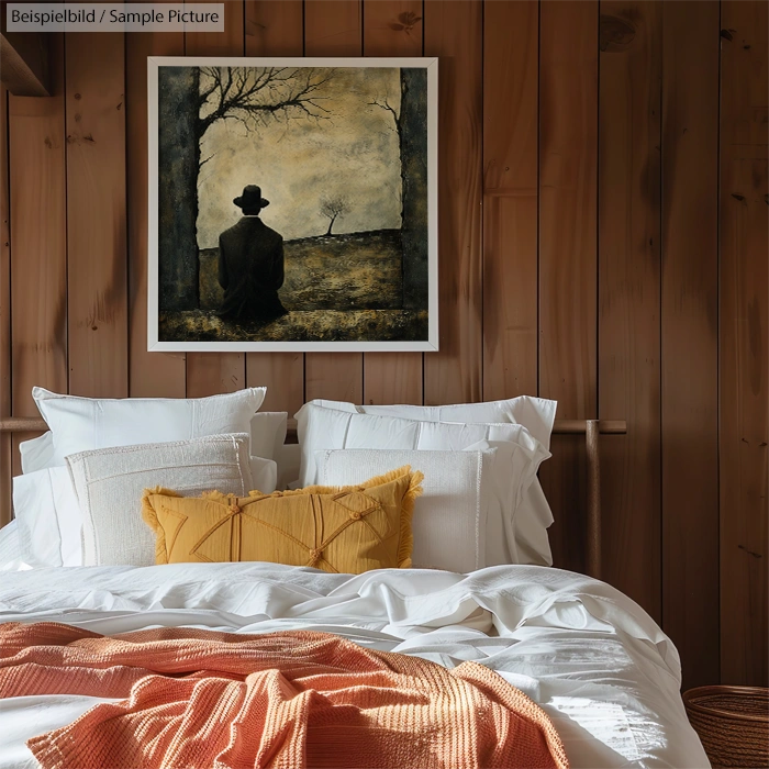 Cozy bedroom with wood panel walls, featuring a framed painting of a person in a hat sitting by a barren landscape.