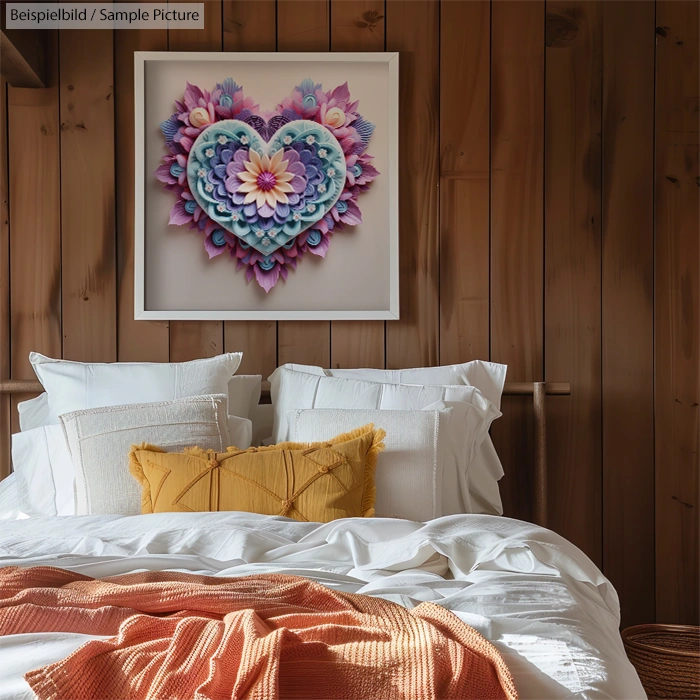 Cozy bedroom with wood paneling, white bedding, and a colorful heart-shaped flower arrangement on the wall.