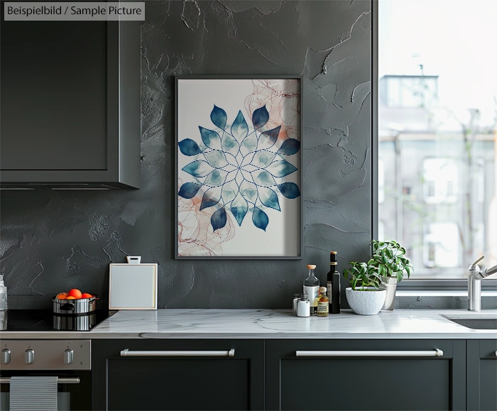 Modern kitchen with dark cabinets, marble countertop, and a framed blue floral artwork on a textured wall.