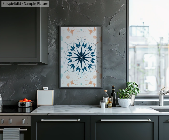 Modern kitchen with black cabinets and abstract artwork on a textured dark wall.