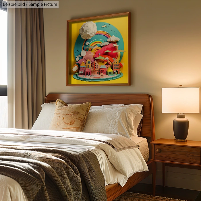 Cozy bedroom with modern decor, featuring a colorful abstract wall art above the bed and a lit table lamp on the nightstand.