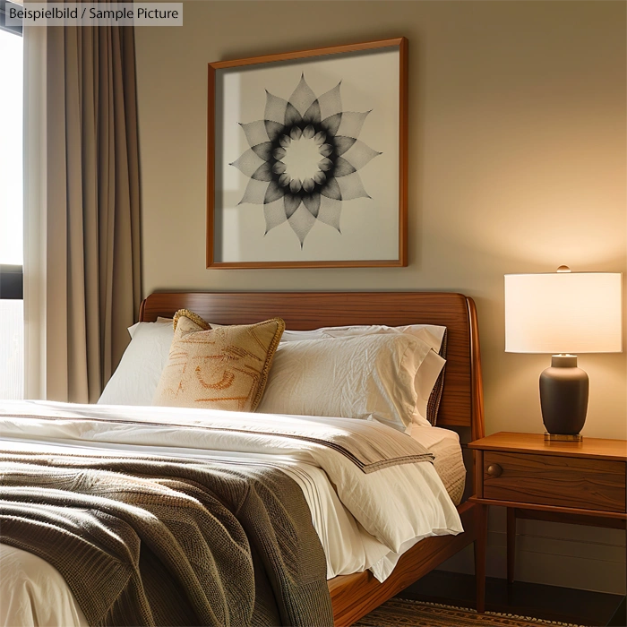 Cozy bedroom with a wooden bed, neutral bedding, bedside table, and modern geometric artwork on the wall.