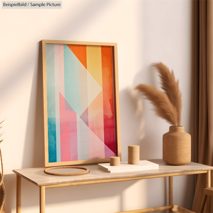 Minimalist interior with colorful geometric artwork, pampas grass in vase, and decorative items on a light wooden table.