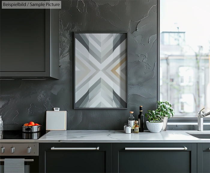 Modern kitchen with geometric artwork on textured wall, marble counter, spices, and potted plant by the window.