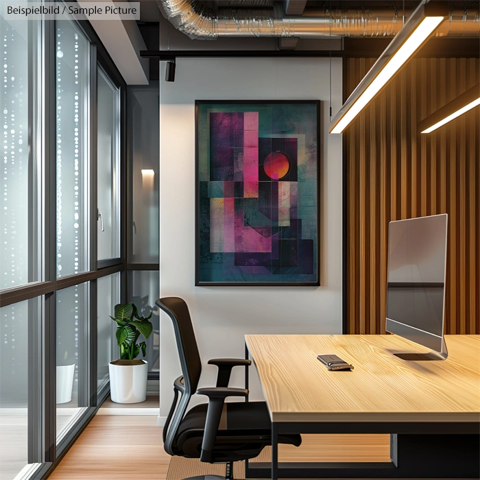 Modern office with abstract art, stylish furniture, and natural light.