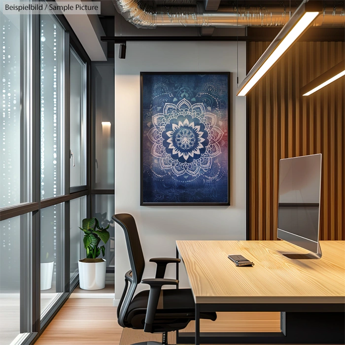 Modern office space with wooden desk, chair, large computer screen, and framed blue mandala artwork on the wall.