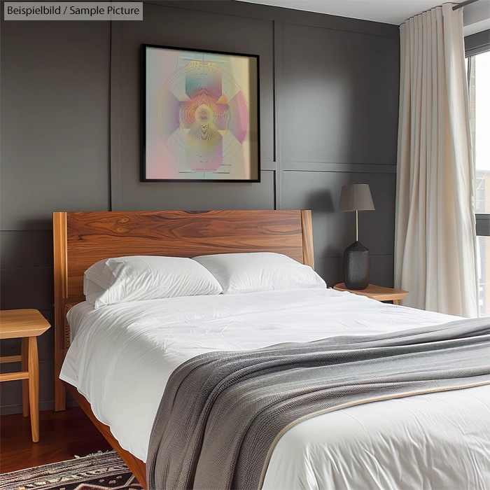 Modern bedroom with a wooden bed, white bedding, gray walls, abstract art, and a nightstand with a lamp.