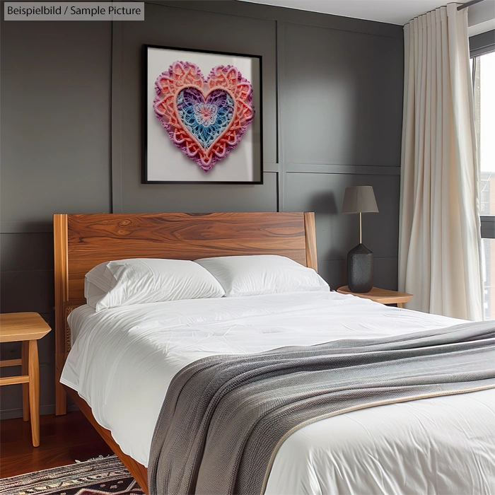 Modern bedroom with a wooden bed, white bedding, and a heart-shaped wall art above the headboard.