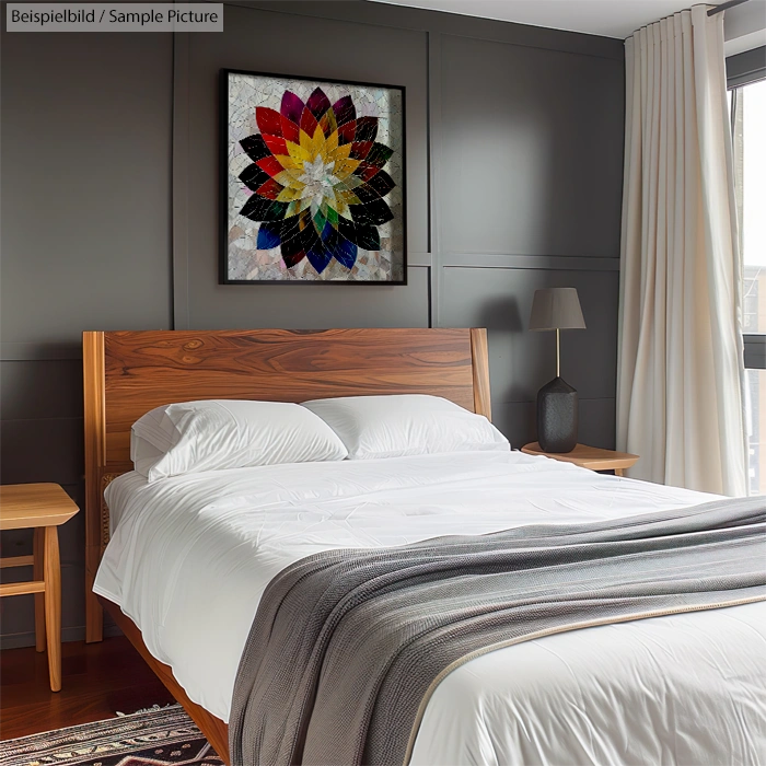 Modern bedroom with wooden bed, white bedding, colorful abstract artwork, grey walls, lamp, and a window with white curtains.