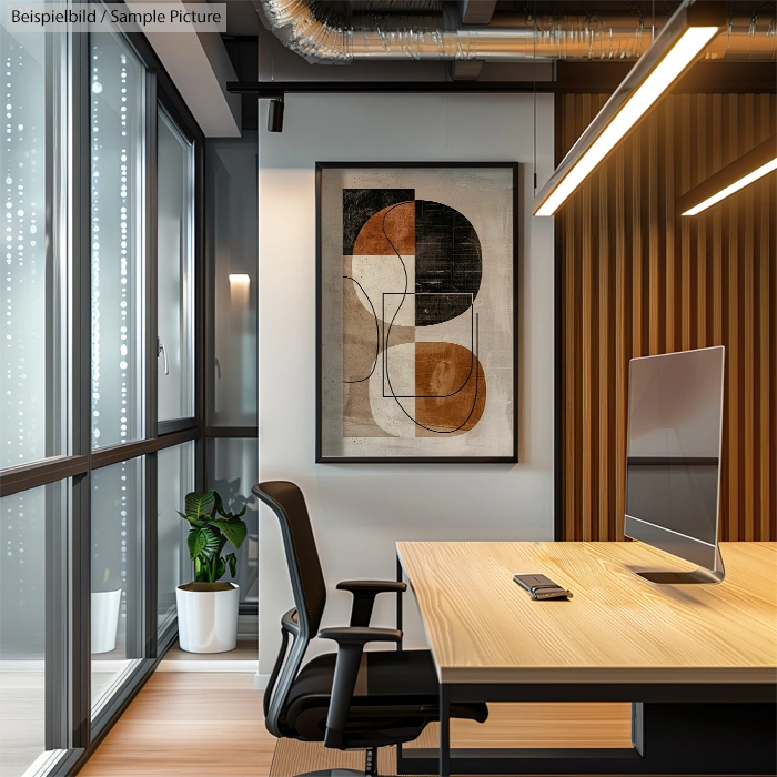 Modern office with large window, desk, ergonomic chair, abstract art on the wall, and potted plant in corner.