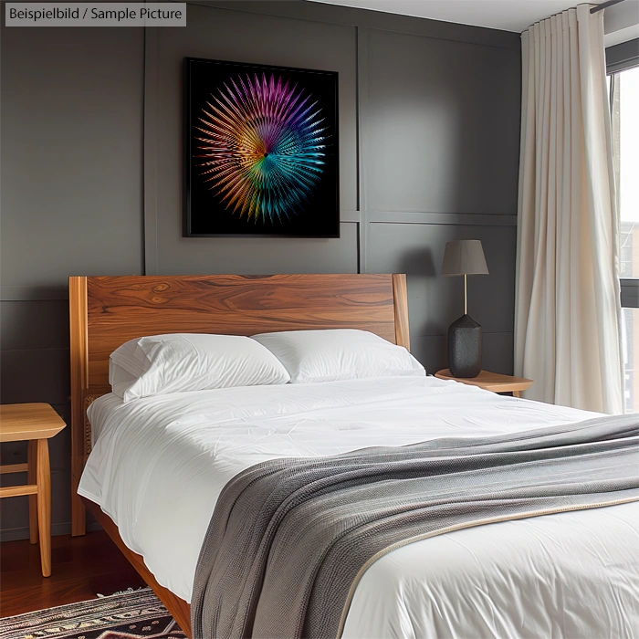 Minimalist bedroom with wooden bed, white bedding, and abstract colorful artwork on dark wall.