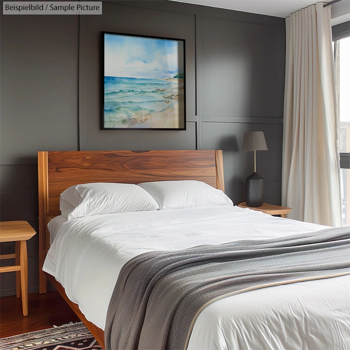 Modern bedroom with wooden bed, white linens, and sea painting on gray wall.