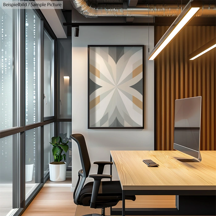 Modern office with a desk, computer, and abstract wall art. Large windows and a potted plant create a bright atmosphere.