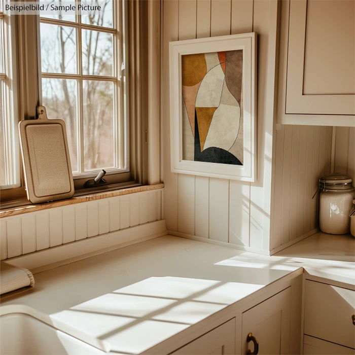 Cozy kitchen corner with abstract art, large window and sunlight casting shadows on white cabinets and countertops.