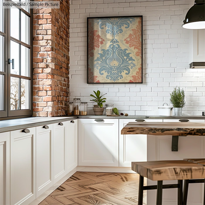 Rustic kitchen with white cabinets, brick accent wall, and floral framed artwork.