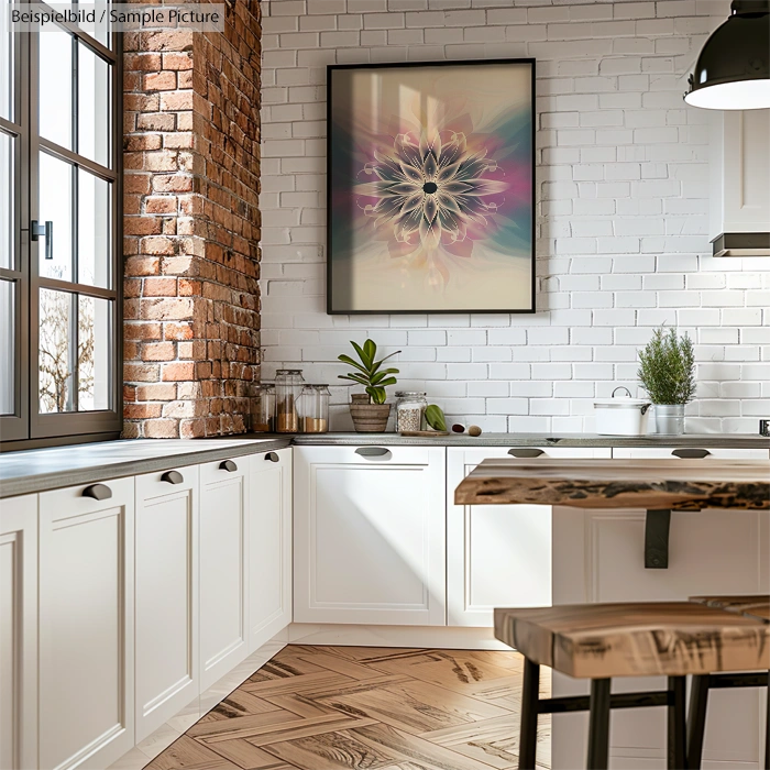 Modern kitchen with white cabinets, brick accent wall, colorful abstract artwork, and wooden countertops.