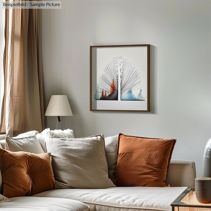 Modern living room with abstract art on wall, beige sofa, orange cushions, and lamp.