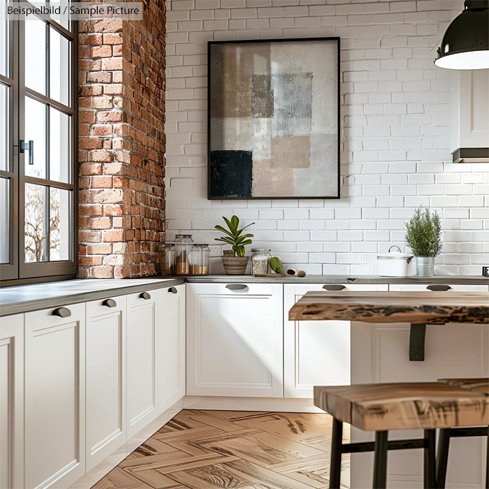 Modern kitchen with white cabinets, brick and white walls, wooden counter, and abstract art on wall.