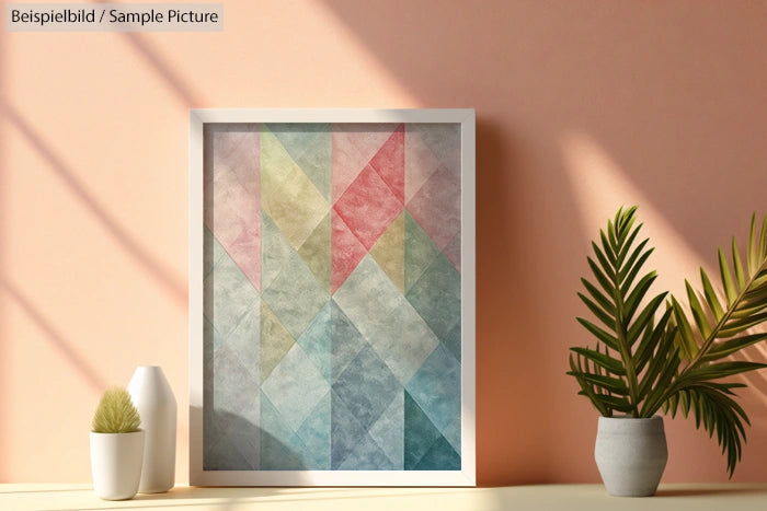 Geometric abstract artwork in pastel shades with soft lighting and plant decor.