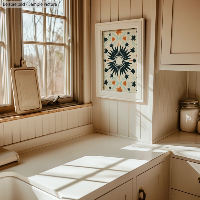 Cozy kitchen corner with a framed star pattern artwork, beige cabinets, and sunlight streaming through the window.