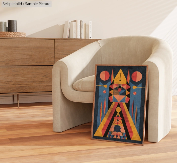 Abstract geometric art leaning on a cream armchair in a modern living room with wooden floors and a sideboard.