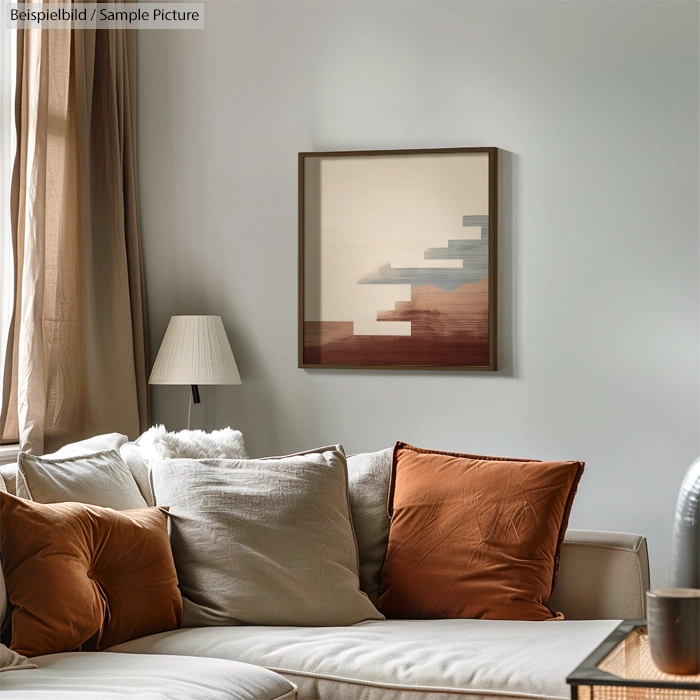 Cozy living room with a beige sofa, rust-colored pillows, and a modern abstract painting on the wall.