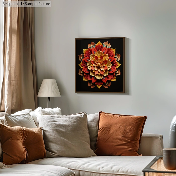 Cozy living room featuring a beige sofa with brown cushions, and a floral painting on the wall.