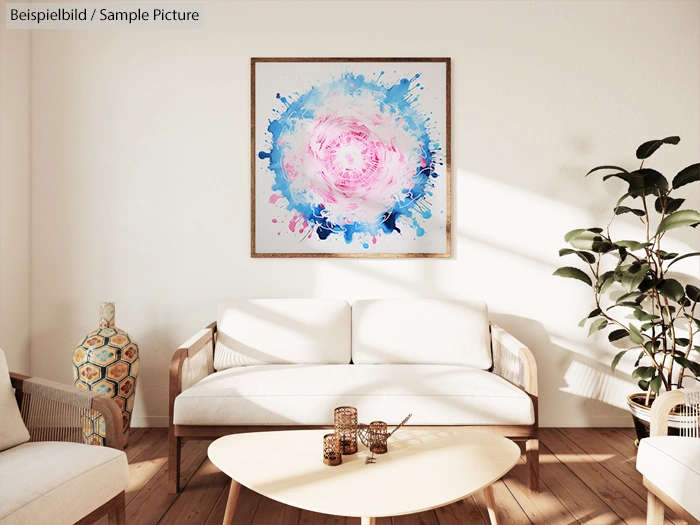 Modern living room with abstract floral painting in blue and pink, white sofas, and a natural wood coffee table.