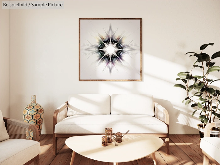 Modern living room with abstract starburst artwork, white furniture, wooden coffee table, and a potted plant.