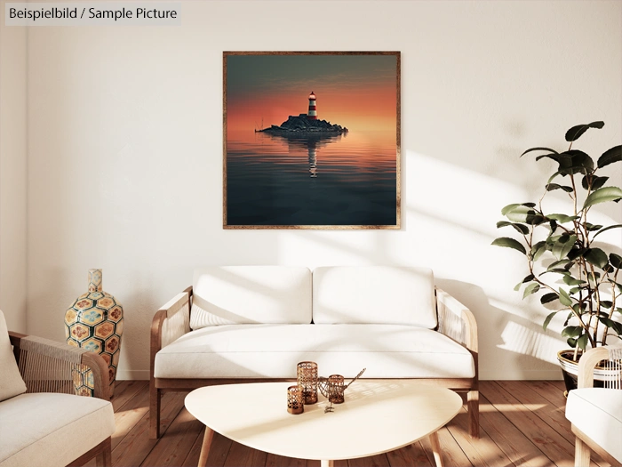 Modern living room with white sofas, wooden coffee table, large painting of a lighthouse at sunset, and potted plant.