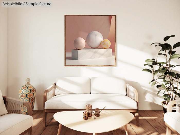 Modern living room with beige sofa, abstract art, wooden table, and potted plant, featuring natural sunlight.